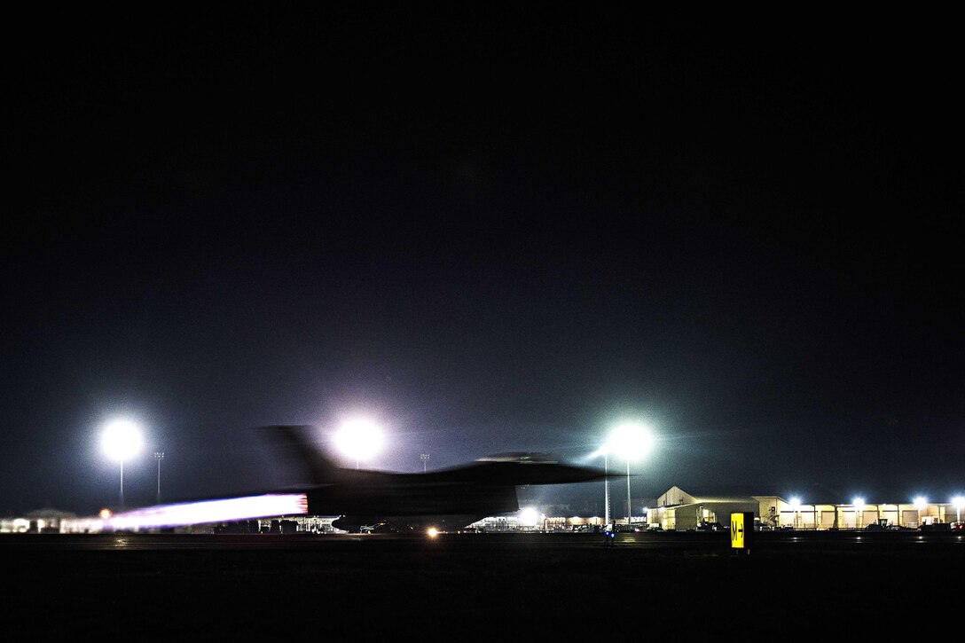 Air Force Capt. David takes off in his F-16 Fighting Falcon aircraft for a night mission at Bagram Airfield, Afghanistan, Jan. 13, 2017. Air Force photo by Staff Sgt. Katherine Spessa   