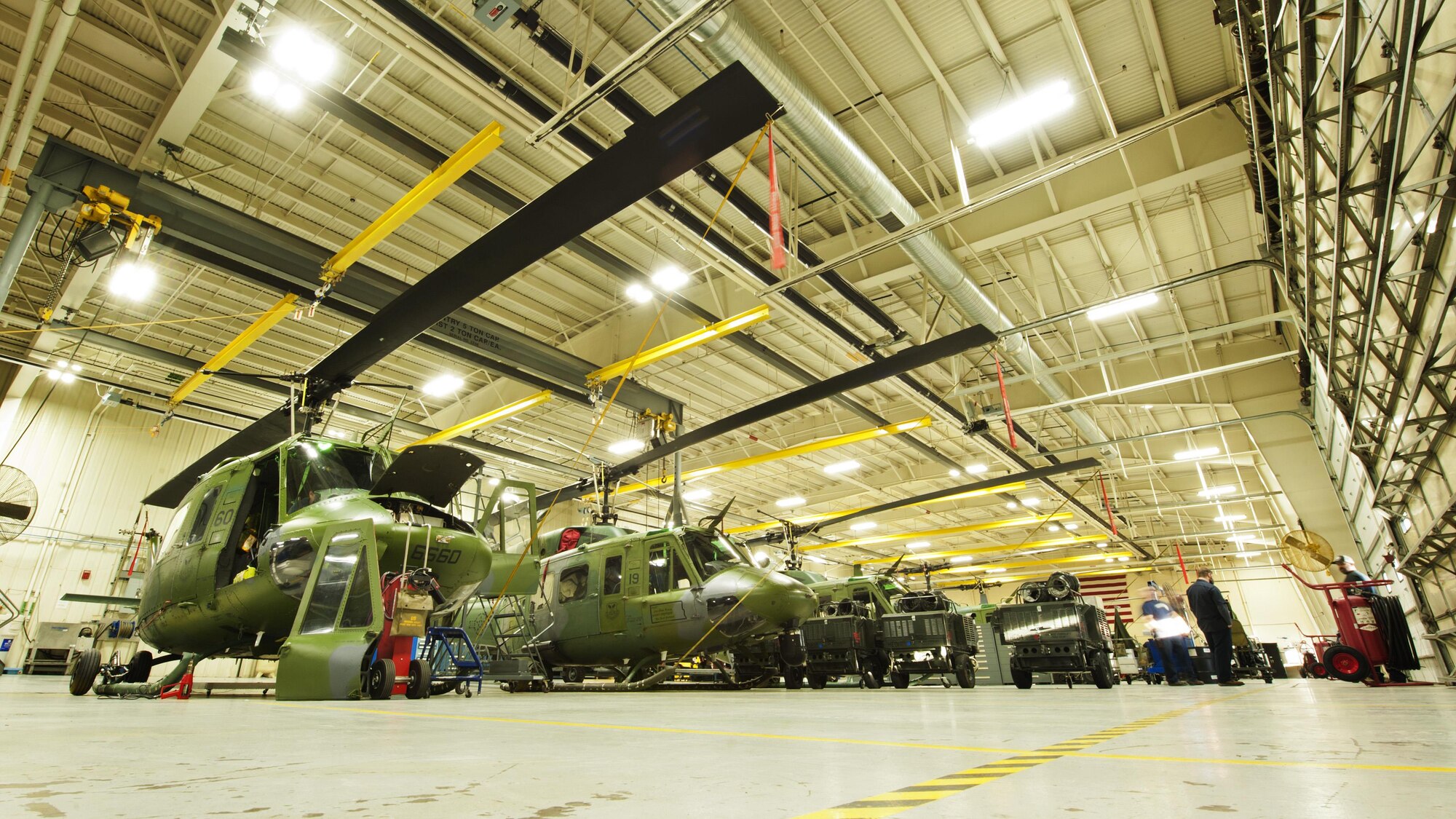 UH-1N Iroquois line the 54th Helicopter Squadron maintenance hangar at Minot Air Force Base, N.D., Jan. 18, 2017. Maintenance on 54th Helicopter Squadron’s fleet is critical, in order to provide support to 91st Missile Wing Airmen and assets in the missile complex. (U.S. Air Force photo/Airman 1st Class J.T. Armstrong)