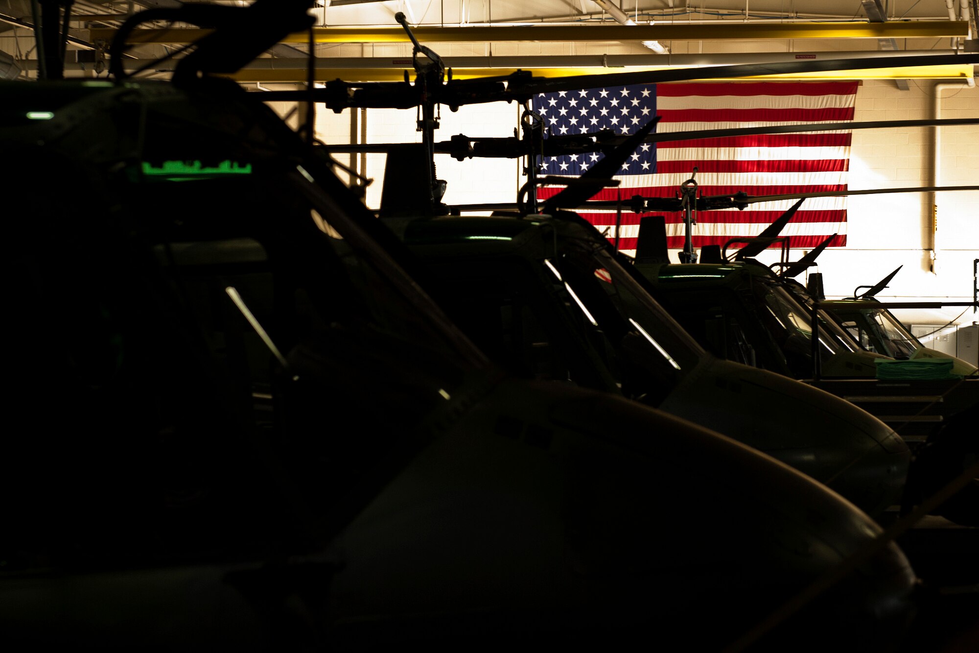 UH-1N Iroquois line the 54th Helicopter Squadron maintenance hangar at Minot Air Force Base, N.D., Jan. 18, 2017. Maintenance on 54th Helicopter Squadron’s fleet is critical, in order to provide support to 91st Missile Wing Airmen and assets in the missile complex. (U.S. Air Force photo/Airman 1st Class J.T. Armstrong)