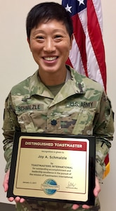 Lt. Col. Joy Schmalzle, program director for the ophthalmic technician program at the Medical Education and Training Campus at Joint Base San Antonio-Fort Sam Houston, was the recipient of the Distinguished Toastmaster award Jan.3. Schmalzle joins less than one percent of the 345,000 Toastmaster members worldwide who share this prestigious title.