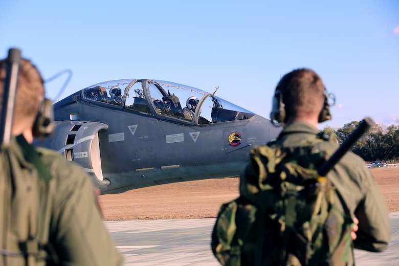 Training pilots with Marine Attack Training Squadron 203, Marine Aircraft Group 14, 2nd Marine Aircraft Wing, prepare for take-off at Marine Corps Auxiliary Landing Field Bogue, N.C., Jan. 18, 2017. Training pilots with the squadron must be able to operate the AV-8B Harrier in many environments, including naval ships, airfields and sites ashore. MCALF Bogue offers a unique expeditionary training capability to 2nd MAW by simulating scenarios pilots would encounter while forward deployed. (U.S. Marine Corps photo by Cpl. Mackenzie Gibson/ Released)