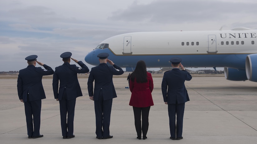 Members of Team Andrews greet President-Elect Donald Trump as he arrives at Joint Base Andrews, Jan. 20, 2017. Trump arrived here in prepartion for the 58th Presidential Inauguration, Jan. 20, where he will take the oath as the President of the United States. (U.S. Air Force Photo by Airman 1st Class Rustie Kramer)