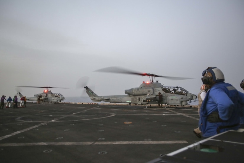 Two U.S. Marine Corps AH-1W Super Cobras assigned to the 22nd Marine Expeditionary Unit prepare for flight aboard the amphibious transport dock ship USS San Antonio in the Mediterranean Sea in support of Operation Odyssey Lightning, Nov. 8, 2016. It’s an ongoing operation at the request of the Libyan Government of National Accord, the United States military conducted precision airstrikes against Islamic State of Iraq and the Levant targets in Sirte, Libya, to support GNA-affiliated forces seeking to defeat ISIL in its primary stronghold in Libya. Marine Corps photo by Sgt. Ryan Young