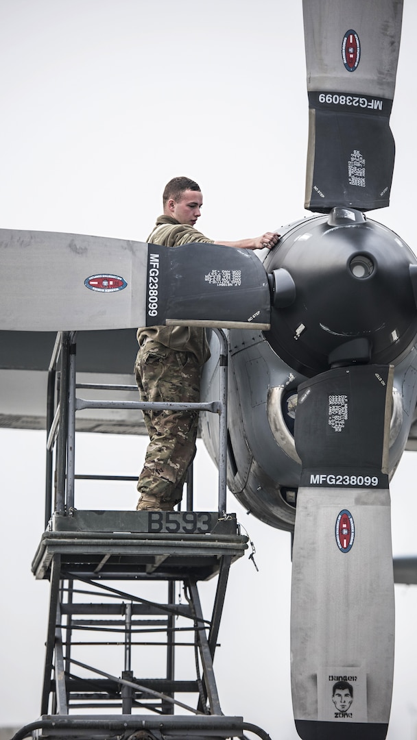 Senior Airman Kyle McClung, 455th Expeditionary Aircraft Maintenance Squadron crew chief, performs an engine inspection on an EC-130 Compass Call Jan. 18, 2017 at Bagram Airfield, Afghanistan. The unit’s mission capable rate, the maintenance term for number of functioning aircraft, has been at a record-breaking high over the last 27 months. (U.S. Air Force photo by Staff Sgt. Katherine Spessa)