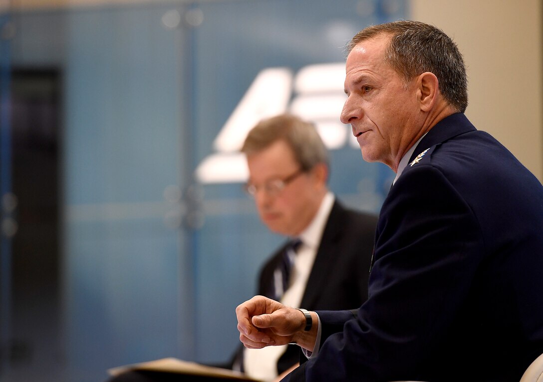Air Force Chief of Staff Gen. David L. Goldfein discusses the current state and future of the Air Force with former Rep. Jim Talent, the senior fellow and director of the National Security 2020 Project, Marilyn Ware Center for Security Studies, in Washington, D.C., Jan. 18, 2017.  (U.S. Air Force photo/Scott M. Ash)