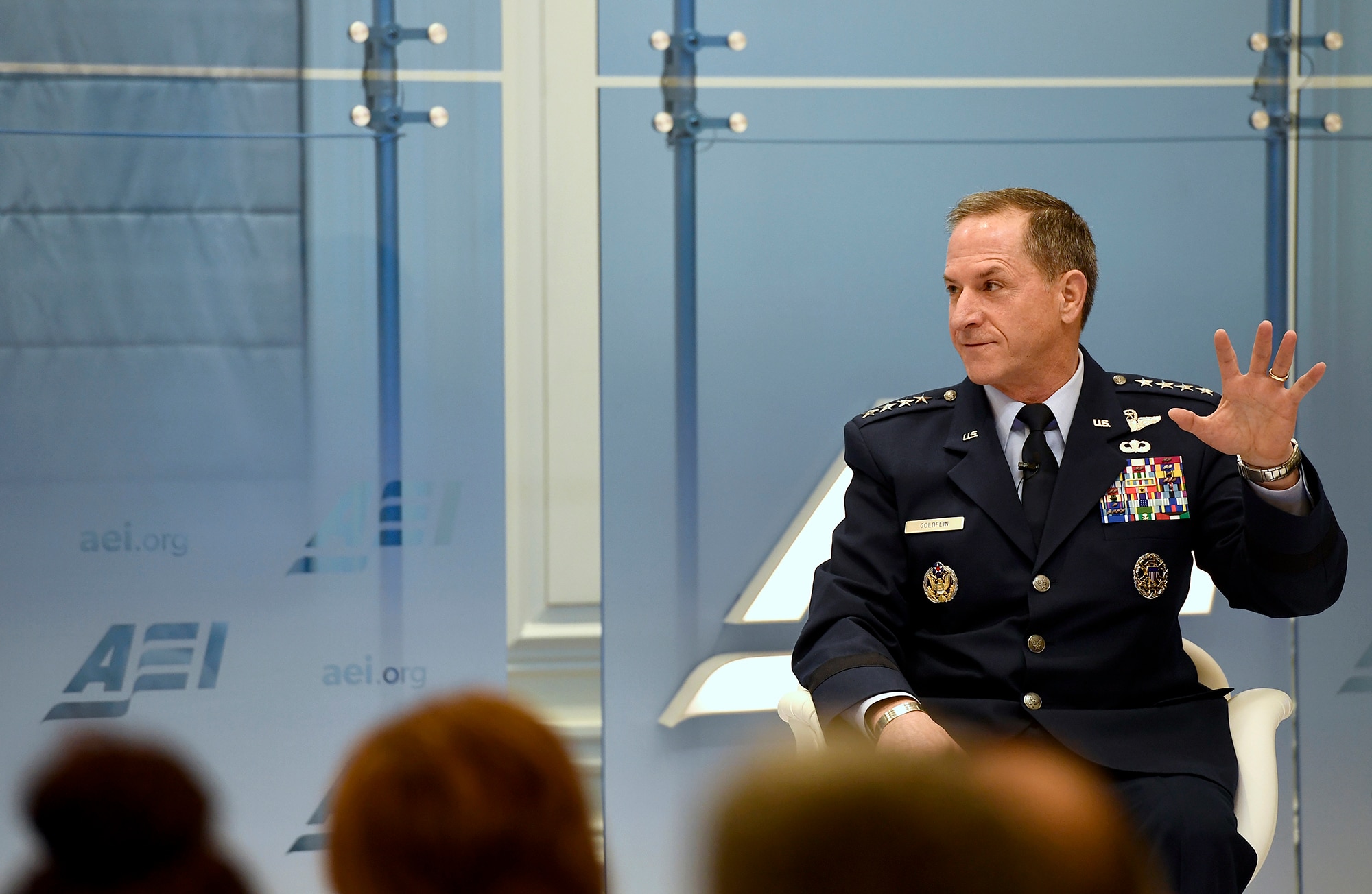 Air Force Chief of Staff Gen. David L. Goldfein discusses the current state and future of the Air Force with former Rep. Jim Talent, the senior fellow and director of the National Security 2020 Project, Marilyn Ware Center for Security Studies, in Washington, D.C., Jan. 18, 2017.  (U.S. Air Force photo/Scott M. Ash)