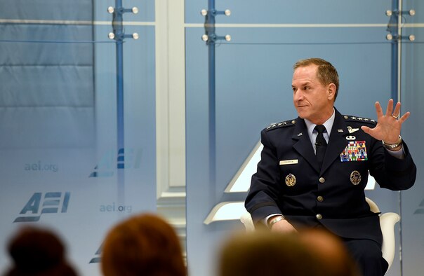 Air Force Chief of Staff Gen. David L. Goldfein discusses the current state and future of the Air Force with former Rep. Jim Talent, the senior fellow and director of the National Security 2020 Project, Marilyn Ware Center for Security Studies, in Washington, D.C., Jan. 18, 2017.  (U.S. Air Force photo/Scott M. Ash)