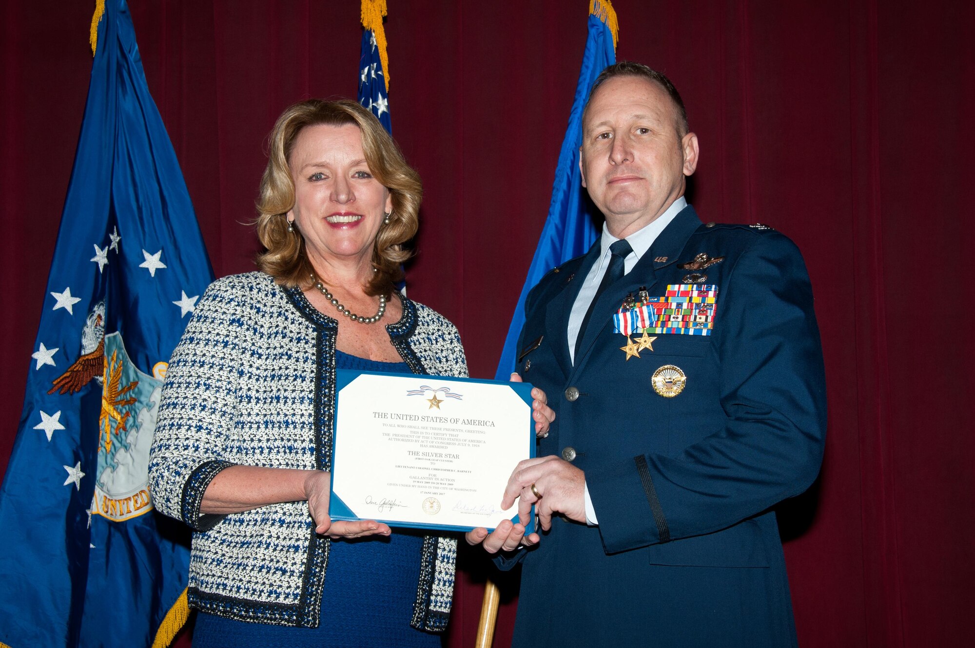The Honorable Deborah Lee James, 23rd Secretary of the Air Force, arrives at Maxwell to present Air War College faculty member Colonel Christopher C. Barnett the Silver Star and the Silver Star first oak leaf cluster, Jan. 19, 2017. Secretary James chose her last day to honor Barnett for his gallantry in connection with 2009 military operations against an armed enemy of the United States, as well as to announce upgraded medals awarded to seven additional Airmen. (US Air Force photo by Melanie Rodgers Cox)

