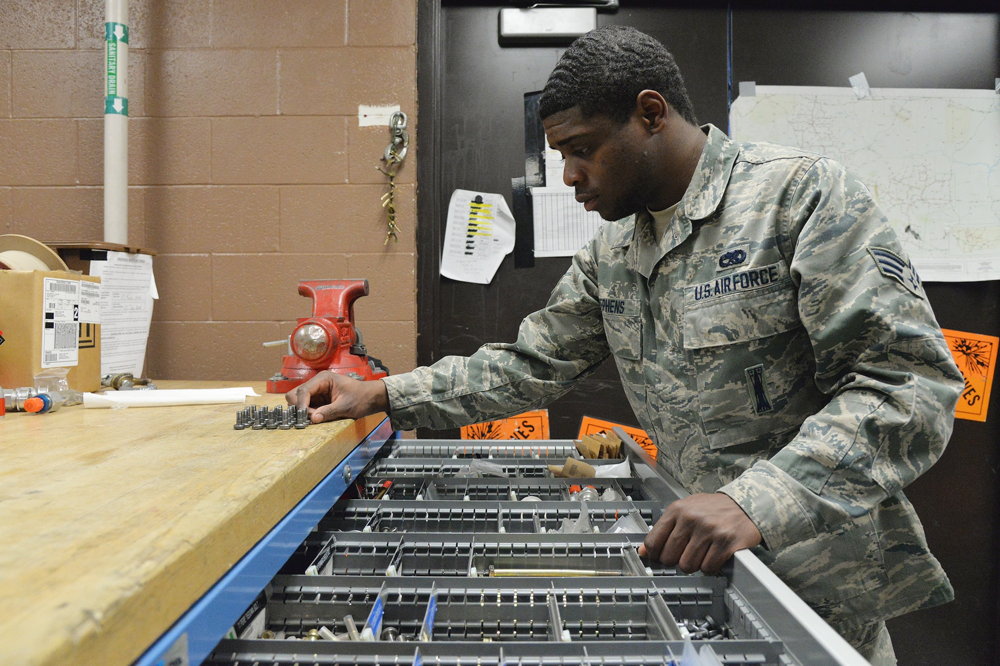 Senior Airman Shaquille Stephens, 341st Missile Maintenance Squadron maintenance technician, inspects a bench stock drawer Jan. 17, 2017, at Malmstrom Air Force Base, Mont. The drawer holds tools and equipment needed on a regular basis in the missile field. (U.S. Air Force photo/Airman 1st Class Daniel Brosam)