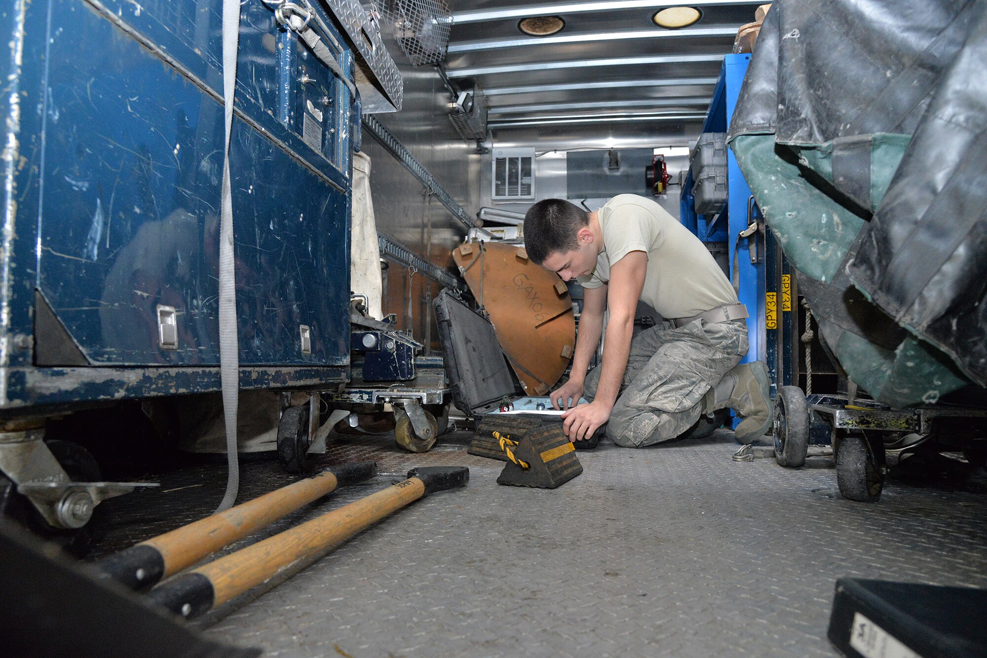 Senior Airman Justin Vasquez, 341st Missile Maintenance Squadron maintenance technician, takes inventory of equipment inside a maintenance van Jan. 17, 2017, at Malmstrom Air Force Base, Mont. The van is taken out to each work location and is used to house all 3,500 pounds of equipment the maintenance teams need to complete a job. (U.S. Air Force photo/Airman 1st Class Daniel Brosam)