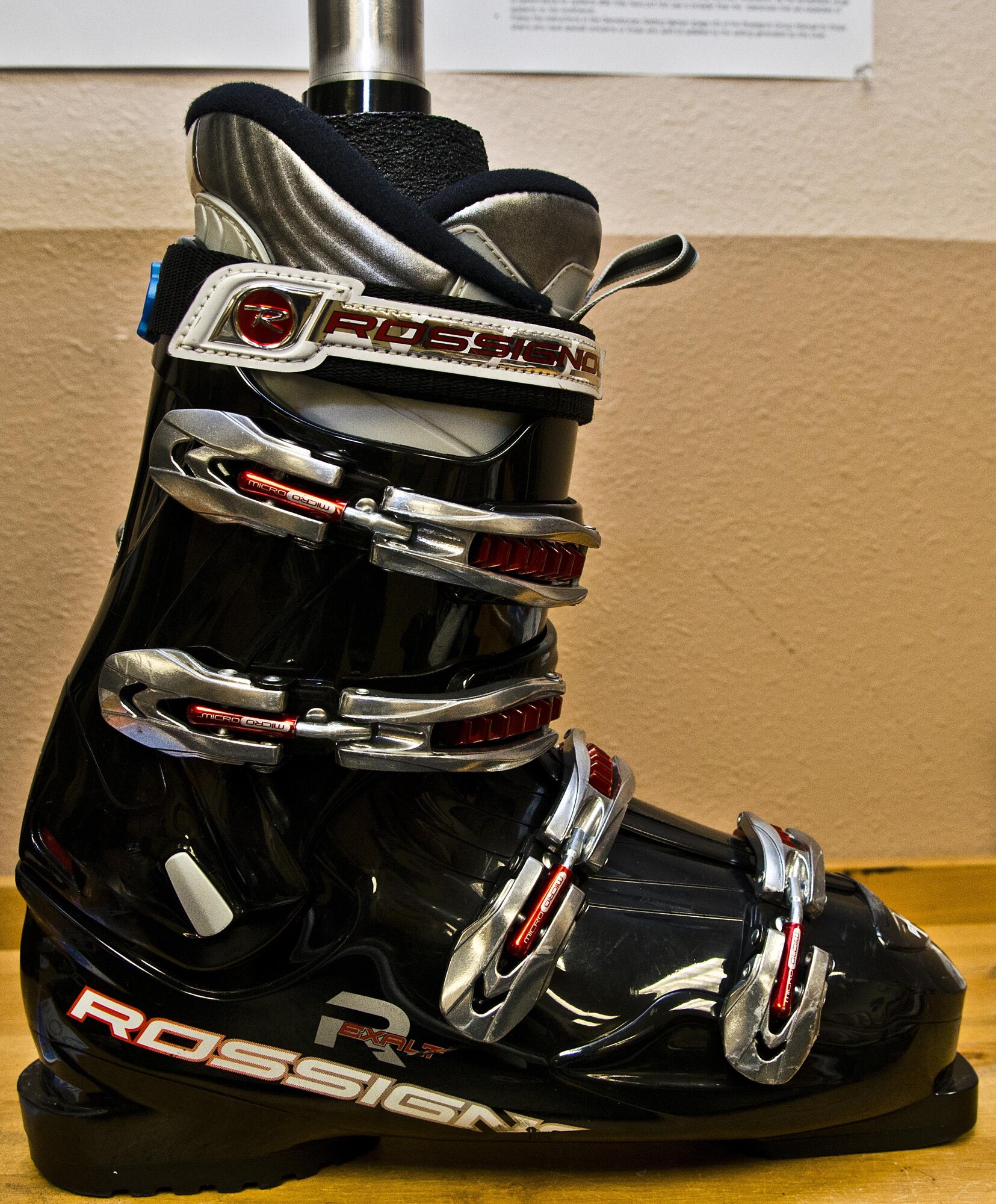 A sized ski boot is displayed at Outdoor Recreation at Minot Air Force Base, N.D., Dec. 2, 2016. Outdoor Rec. provides Team Minot with winter equipment including skis, snowshoes, ice-fishing gear, snowboards and snowmobiles. (U.S. Air Force photo/Airman 1st Class Jonathan McElderry)