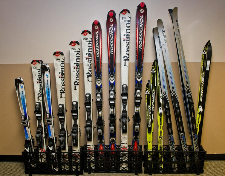 Sets of skis are displayed at Outdoor Recreation at Minot Air Force Base, N.D., Dec. 2, 2016. Outdoor Rec. provides Team Minot with winter equipment including skis, snowshoes, ice-fishing gear, snowboards and snowmobiles. (U.S. Air Force photo/Airman 1st Class Jonathan McElderry)