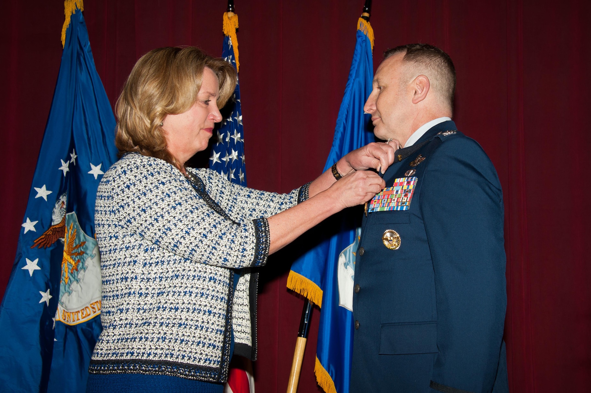 The Honorable Deborah Lee James, 23rd Secretary of the Air Force, arrives at Maxwell to present Air War College faculty member Colonel Christopher C. Barnett the Silver Star and the Silver Star first oak leaf cluster, Jan. 19, 2017. Secretary James chose her last day to honor Barnett for his gallantry in connection with 2009 military operations against an armed enemy of the United States, as well as to announce upgraded medals awarded to seven additional Airmen. (US Air Force photo by Melanie Rodgers Cox)