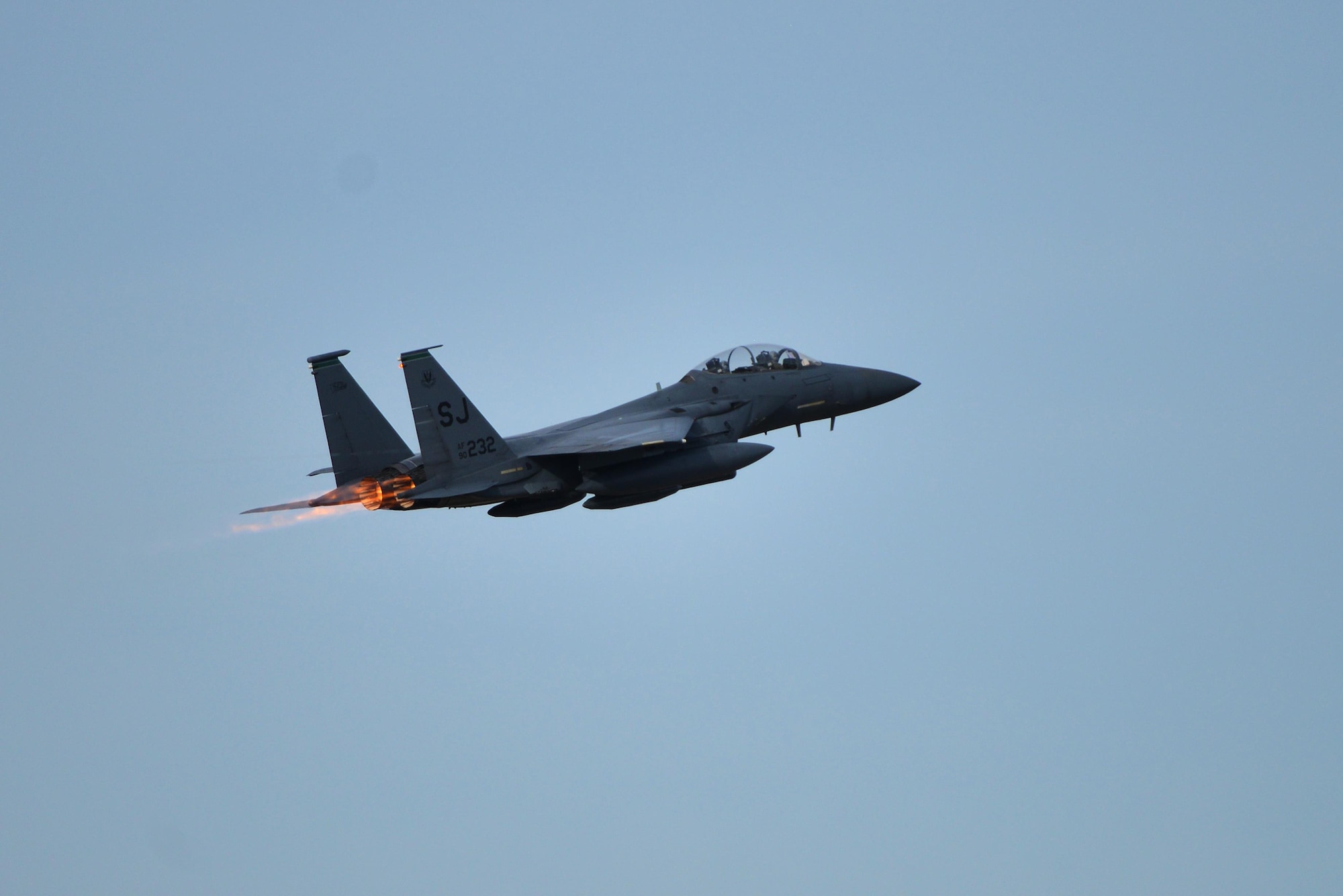 An F-15 Eagle takes off to perform a practice run for the inauguration flyover at Joint Base Langley-Eustis, Va., Jan. 19, 2017. It is symbolic for the F-22 to fly out front as it is the world’s most capable fifth generation fighter. (U.S. Air Force photo by Airman 1st Class Tristan Biese)