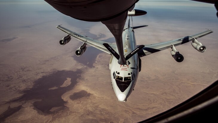 An Air Force E-3 Sentry refuels over Iraq from a KC-135 Stratotanker, Jan. 18, 2017, extending the fight against the Islamic State of Iraq and the Levant. Air Force photo by Senior Airman Jordan Castelan