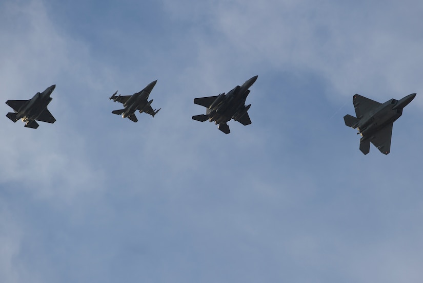 Four U.S. Air Force fighter jets practice for the inauguration flyover at Joint Base Langley-Eustis, Virginia, Jan. 19, 2017.  Two generations of fighter aircraft are scheduled to fly in a close formation during the inauguration of President-elect Donald J. Trump. (U.S. Air Force photo by Airman 1st Class Derek Seifert)