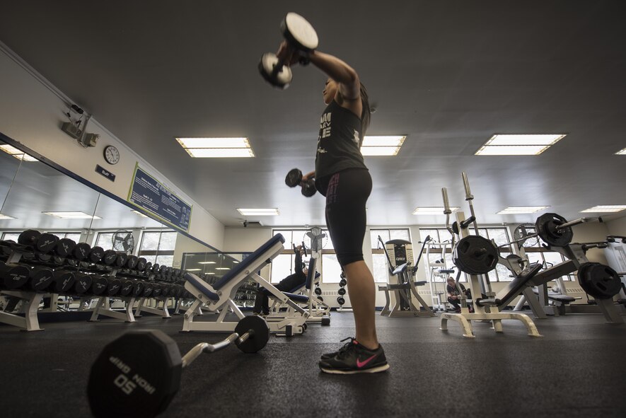 U.S. Air Force Staff Sgt. Sheena Raya Amaya, a 35th Aerospace Medicine Squadron aerospace medical technician, completes a “superset” in the Potter Fitness Center at Misawa Air Base, Japan, Jan. 12, 2017.  A superset combines two exercises back to back without stopping. These have been shown to help develop muscle growth and endurance. (U.S. Air Force photo by Tech. Sgt. Araceli Alarcon)