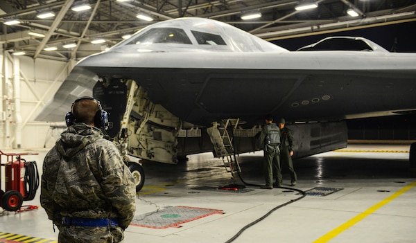 Airmen from the 509th Bomb Wing at Whiteman Air Force Base, Missouri prepare B-2 Spirit stealth bombers for operations near Sirte, Libya. In conjunction with the Libyan Government of National Accord, the U.S. military conducted precision airstrikes Jan. 18, 2017 destroying two Daesh camps 45 kilometers southwest of Sirte. (U.S. Air Force photo by Senior Airman Joel Pfiester)