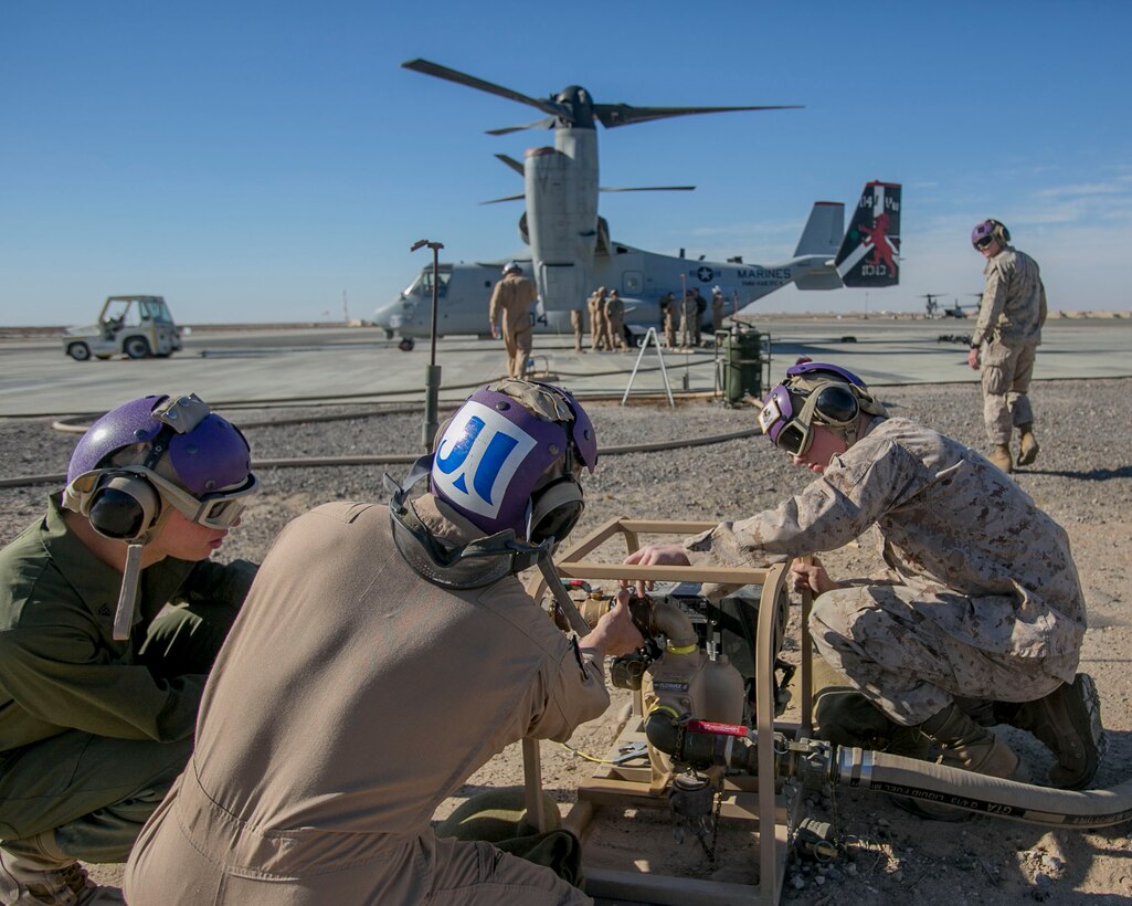 U.S. Marines with Marine Wing Support Squadron 371, Special Purpose Marine Air-Ground Task Force-Crisis Response-Central Command, test their helicopter expedient refueling system while forward deployed in the Middle East, Jan. 6, 2017. This system allows for aircraft to refuel almost anywhere on the battlefield, and extends the reach of the SPMAGTF’s crisis response capabilities far beyond their normal area of operation.