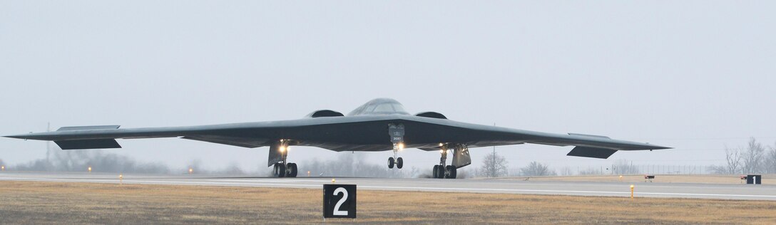 A B-2 Spirit stealth bomber lands at Whiteman Air Force Base, Mo., Jan. 19, 2017. Two B-2s returned after an approximate 30-hour sortie in support of operations near Sirte, Libya. In conjunction with the Libyan Government of National Accord, the U.S. military conducted precision airstrikes Jan. 18, 2017, destroying two Daesh camps 45 kilometers southwest of Sirte. (U.S. Air Force photo by Senior Airman Joel Pfiester)