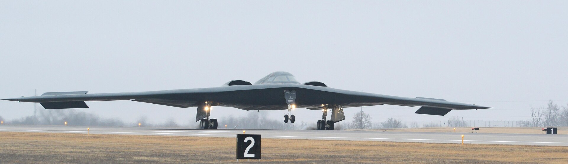 A B-2 Spirit stealth bomber lands at Whiteman Air Force Base, Mo., Jan. 19, 2017. Two B-2s returned after an approximate 30-hour sortie in support of operations near Sirte, Libya. In conjunction with the Libyan Government of National Accord, the U.S. military conducted precision airstrikes Jan. 18, 2017, destroying two Daesh camps 45 kilometers southwest of Sirte. (U.S. Air Force photo by Senior Airman Joel Pfiester)