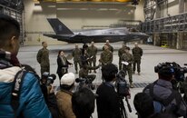 U.S. Marine Corps Maj. Gen. Russell A. Sanborn, commanding general of 1st Marine Aircraft Wing, answers questions from Japanese media during the welcoming ceremony of Marine Fighter Attack Squadron 121 at Marine Corps Air Station Iwakuni, Japan, Jan. 20, 2017. VMFA-121 conducted a permanent change of station to MCAS Iwakuni, from MCAS Yuma, Ariz., and now belongs to Marine Aircraft Group 12, 1st Marine Aircraft Wing, III Marine Expeditionary Force. The F-35B Lightning II is a fifth-generation fighter, which is the world's first operational supersonic short takeoff and vertical landing aircraft. The F-35B brings strategic agility, operational flexibility and tactical supremacy to III MEF with a mission radius greater than that of the F/A-18 Hornet and AV-8B Harrier II in support of the U.S. - Japan alliance.
