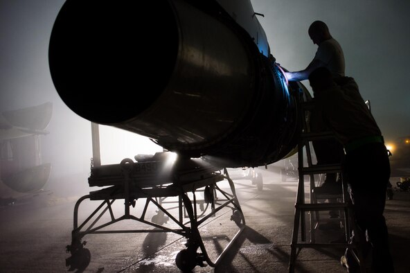 A 380th Expeditionary Aircraft Maintenance Squadron crew repairs an E-3 Sentry (AWACS) engine at an undisclosed location in Southwest Asia, Jan. 12, 2017. (U.S. Air Force photo/Senior Airman Tyler Woodward)