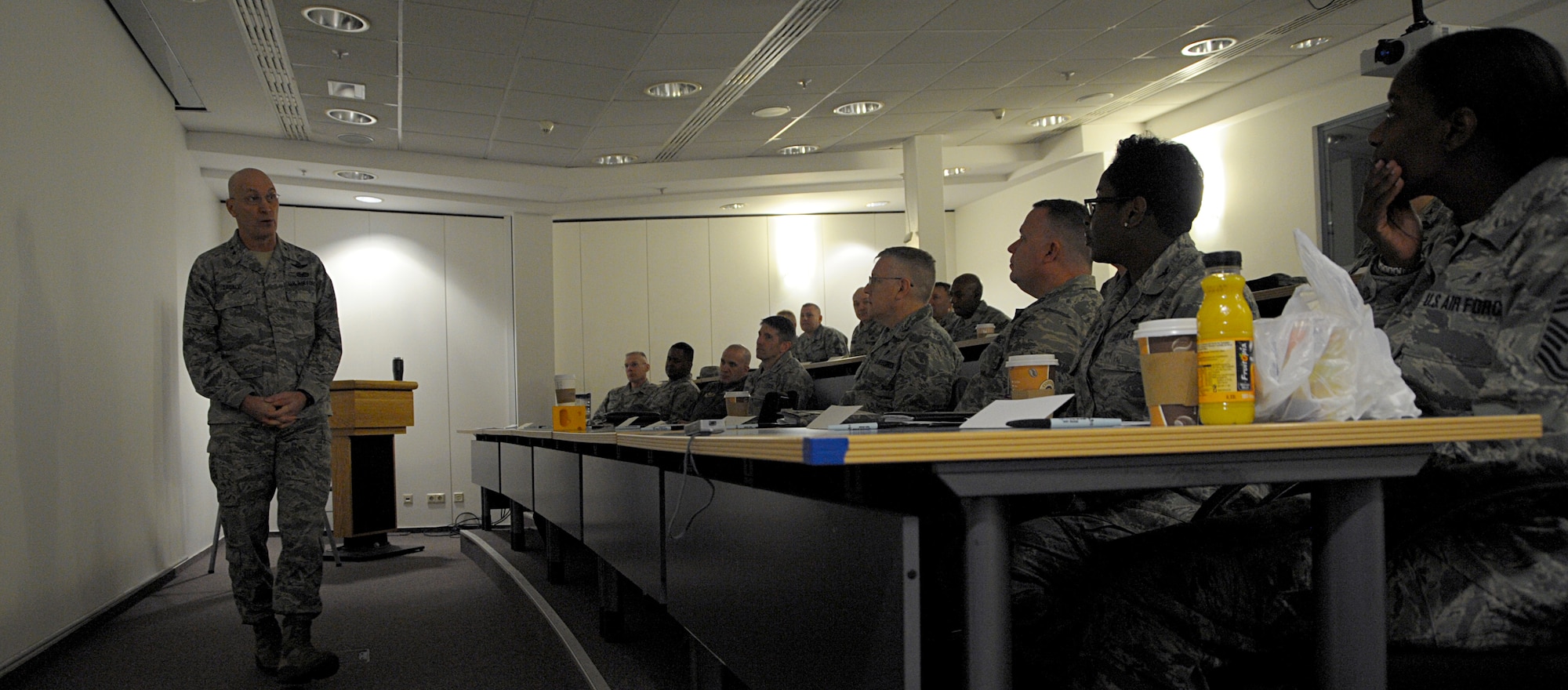 Maj. Gen. Timothy Zadalis, U.S. Air Forces in Europe and Air Forces Africa vice commander, speaks to attendees of a Continuous Process Improvement Senior Leader Course at Ramstein Air Base, Germany, Jan. 9, 2017. Zadalis challenged the leaders to allow, encourage, and support their Airmen to make the changes their units and the Air Force needs to be a more efficient organization. (U.S. Air Force photo by Staff Sgt. Timothy Moore)