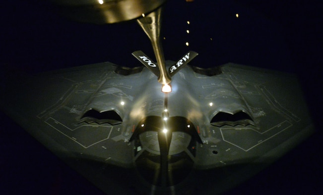 A KC-135 Strantotanker from the 100th Air Refueling Wing refuels a B-2 Spirit from the 509th Bomb Wing in the late hours of Jan. 18, 2017, during a mission that targeted Islamic State training camps in Libya. The B-2’s low-observability provides it greater freedom of action at high altitudes, thus increasing its range and a better field of view for the aircraft's sensors. Its unrefueled range is approximately 6,000 nautical miles (9,600 kilometers). (U.S. Air Force photo by Staff Sgt. Kate Thornton)