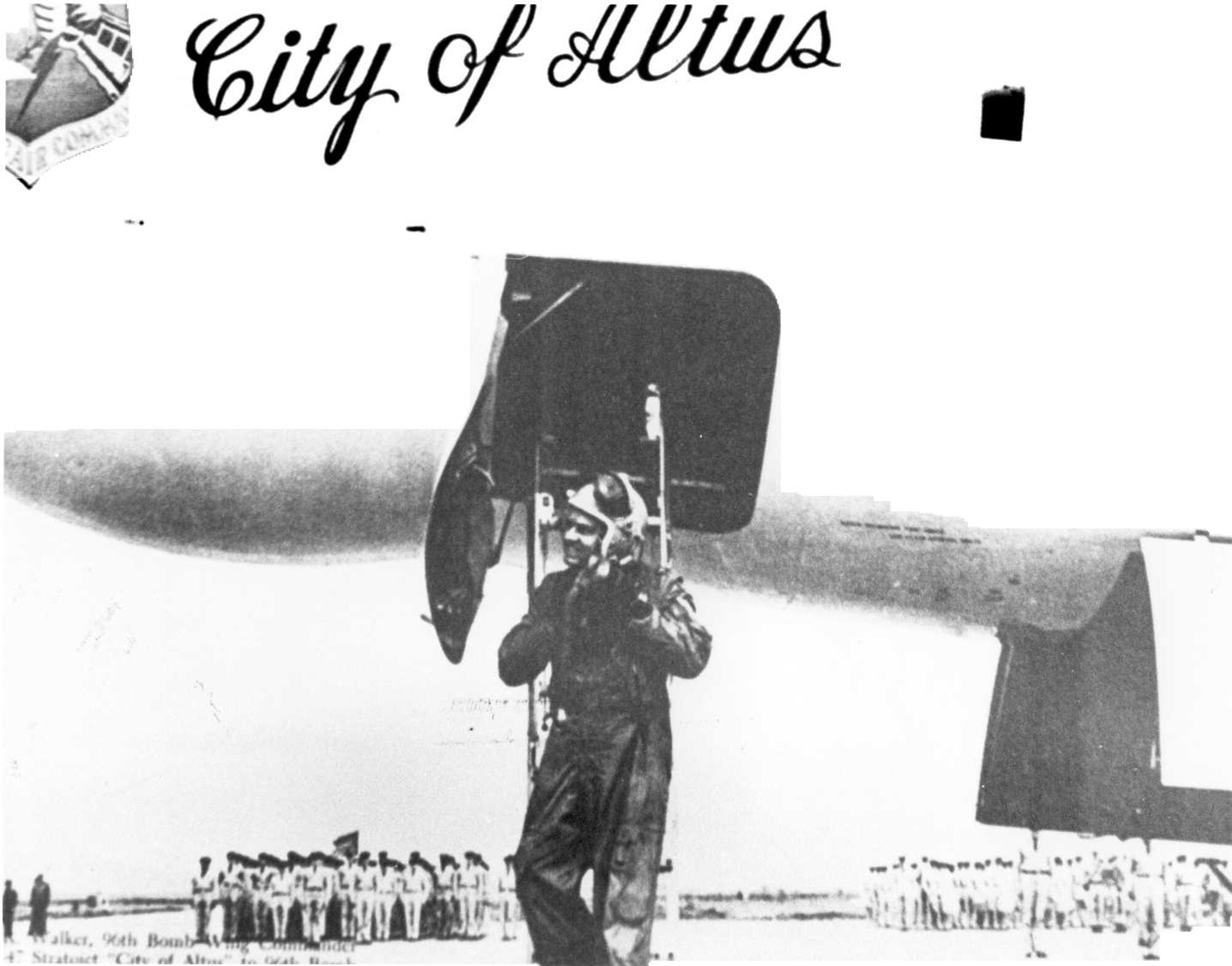 U.S. Air Force Col. Audrin R. Walker, 96th Bomb Wing commander, delivers Altus Air Force Base’s first B-47 named “City of Altus”, April 19, 1955. Altus AFB began as a twin engine training base in World War II and since then has supported many air mobility, missile, and training missions as well as routinely deployed Airmen and aircraft overseas and to humanitarian missions. (Courtesy Photo)