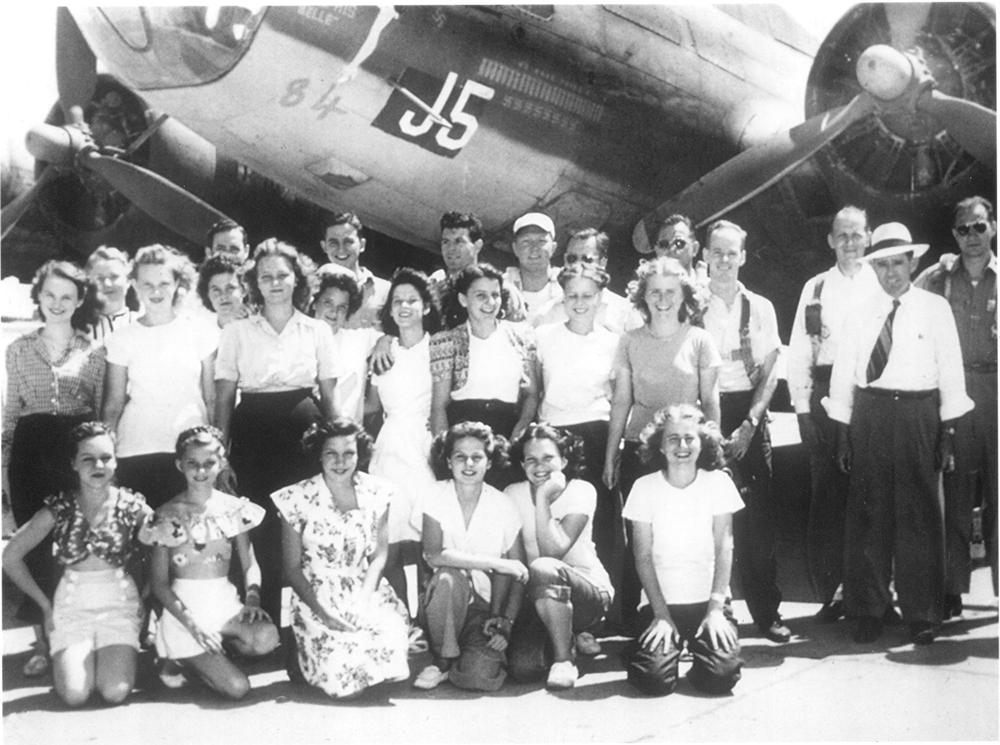 Students from Altus schools pose with the Memphis Belle, in 1946 at Altus Army Air Field. The famous World War II bomber was stored in Altus AAF briefly after the war. Altus Air Force Base began as a twin engine training base in World War II and since then has supported many air mobility, missile, and training missions as well as routinely deployed Airmen and aircraft overseas and to humanitarian missions. (Courtesy Photo)