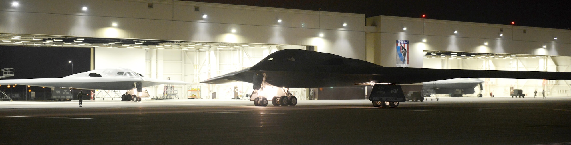 Two B-2 Spirit stealth bombers from the 509th Bomb Wing at Whiteman Air Force Base support operations near Sirte, Libya. In conjunction with the Libyan Government of National Accord, the U.S. military conducted precision airstrikes Jan. 19, 2017 destroying two Daesh camps 45 kilometers southwest of Sirte. (U.S. Air Force photo by Senior Airman Joel Pfiester)