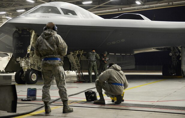 Airmen from the 509th Bomb Wing at Whiteman Air Force Base, Missouri prepare B-2 Spirit stealth bombers for operations near Sirte, Libya. In conjunction with the Libyan Government of National Accord, the U.S. military conducted precision airstrikes Jan. 18, 2017 destroying two Daesh camps 45 kilometers southwest of Sirte. (U.S. Air Force photo by Senior Airman Joel Pfiester)