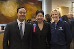 (From left) U.S. Rep. Joaquin Castro, Port San Antonio board member Chris Alderete, and U.S. Air Force Brig. Gen. Heather Pringle, 502nd Air Base Wing and Joint Base San Antonio commander, are pictured  at the Kelly Field 100th Anniversary Celebration at Port San Antonio Headquarters in San Antonio. Several current and former public officials were in attendance at the reception-style event to commemorate the establishment of one of the first military airfields in the world in 1916. 