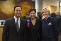 (From left) U.S. Rep. Joaquin Castro, Port San Antonio board member Chris Alderete, and U.S. Air Force Brig. Gen. Heather Pringle, 502nd Air Base Wing and Joint Base San Antonio commander, are pictured  at the Kelly Field 100th Anniversary Celebration at Port San Antonio Headquarters in San Antonio. Several current and former public officials were in attendance at the reception-style event to commemorate the establishment of one of the first military airfields in the world in 1916. 