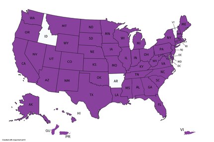 Map provided by Joint Task Force-DC shows states and territories in purple that are represented at the inauguration of Donald Trump on Jan. 20, 2017.