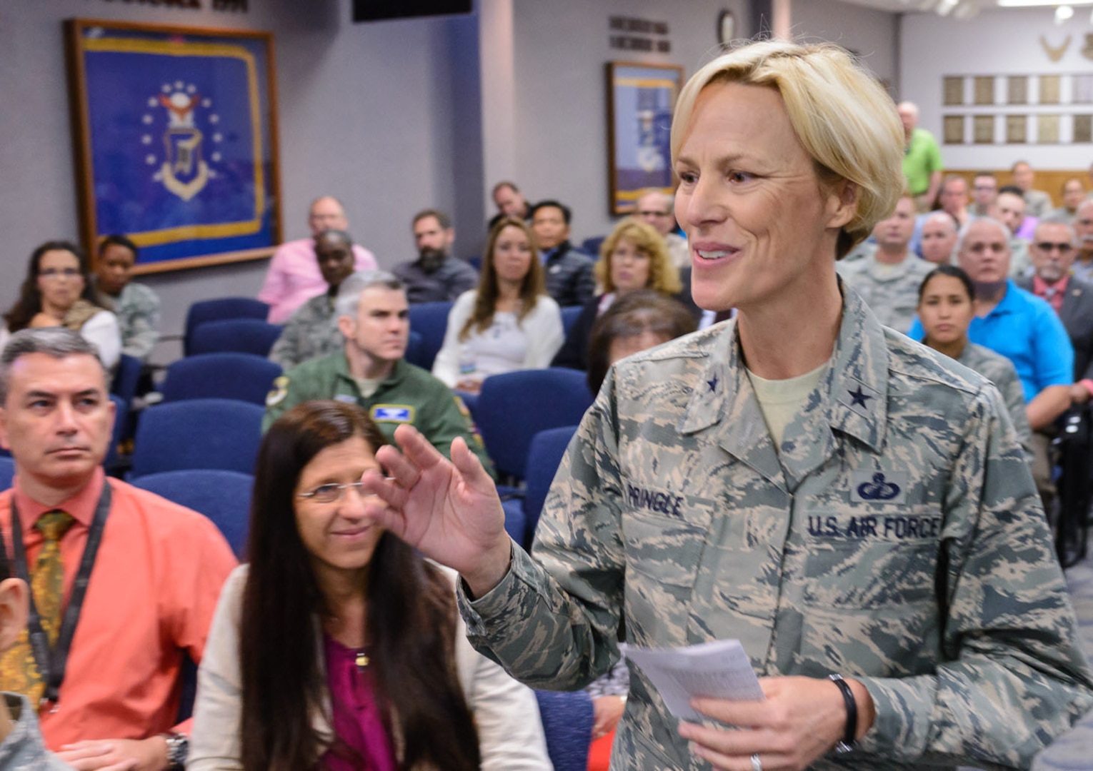 The Joint Base San Antonio and 502nd Air Base Wing commander, Brig. Gen. Heather Pringle, speaks to Airmen Jan. 19 at 25th Air Force Headquarters. 