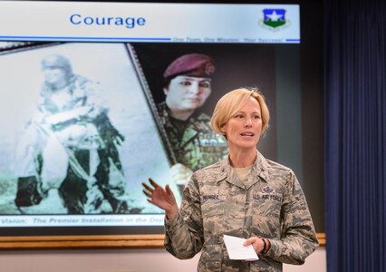 Brig. Gen. Heather Pringle, commander, Joint Base San Antonio and 502nd Air Base Wing, speaks to Airmen about courage and hard work Jan. 19 at 25th Air Force Headquarters. 