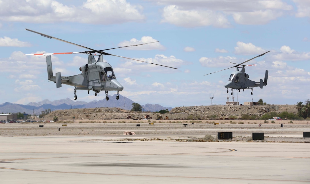 The Marine Corps’ first two Kaman K-MAX Helicopters arrived at Marine Corps Air Station Yuma, Ariz., Saturday, May 7, 2016. The K-MAX will be added to MCAS Yuma's already vast collection of military air assets, and will utilize the station’s ranges to strengthen training, testing and operations across the Marine Corps.