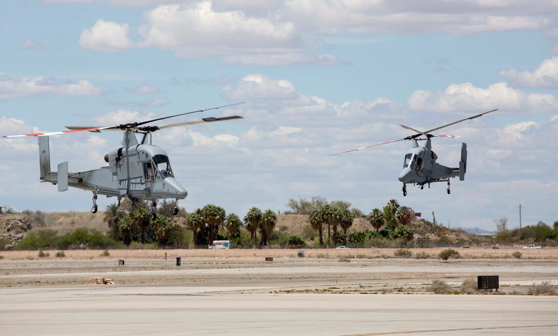 The Marine Corps’ first two Kaman K-MAX Helicopters arrived at Marine Corps Air Station Yuma, Ariz., Saturday, May 7, 2016. The K-MAX will be added to MCAS Yuma's already vast collection of military air assets, and will utilize the station’s ranges to strengthen training, testing and operations across the Marine Corps.