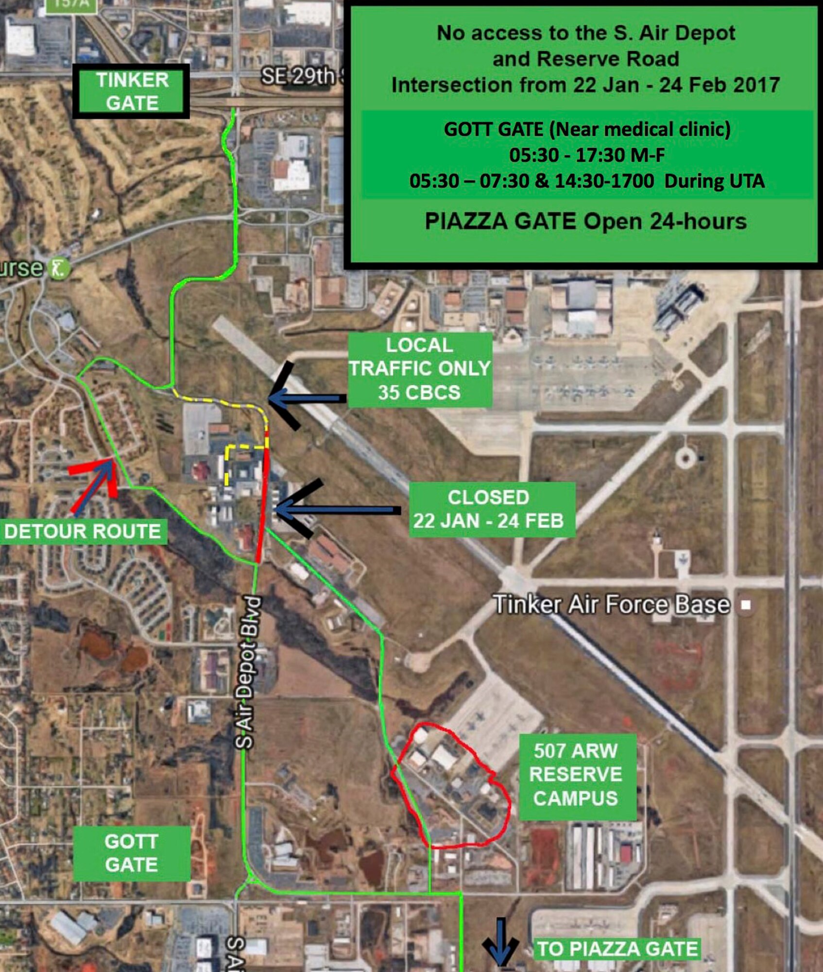 Starting on Jan 22. 2017, Tinker personnel will lose access to the S. Air Depot & Reserve Road Intersection due to base road construction. (U.S. Air Force Art)