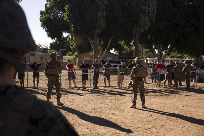 Marines with 3rd Low Altitude Air Defense Battalion, based out of Marine Corps Base Camp Pendleton, Calif., provide security at Kiwanis Park in Yuma, Ariz., during a Humanitarian Assistance/Disaster Relief (HA/DR) Exercise as part of the Weapons and Tactics Instructor Course 1-17, hosted by Marine Aviation Weapons and Tactics Squadron One, Friday, October 14, 2016. The exercise was conducted to test and improve student capabilities to evaluate, plan and execute support to civilians impacted by conflict and/or natural disasters through a real-world scenario that requires quick reaction forces to extract U.S. and allied forces personnel from hostile environments. 
