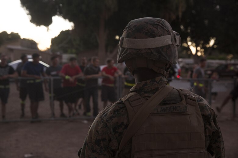 A Marines with 3rd Low Altitude Air Defense Battalion, based out of Marine Corps Base Camp Pendleton, Calif., provides security at Kiwanis Park in Yuma, Ariz., during a Humanitarian Assistance/Disaster Relief (HA/DR) Exercise hosted by Marine Aviation and Weapons and Tactics Squadron One, as a part of the Weapons and Tactics Instructor Course 1-17, Friday, October 14, 2016. The training exercise enabled ground, aviation and support Marines and sailors to work as a team to practice deploying medical personnel, supplies, and extract personnel and people displaced from their communities.