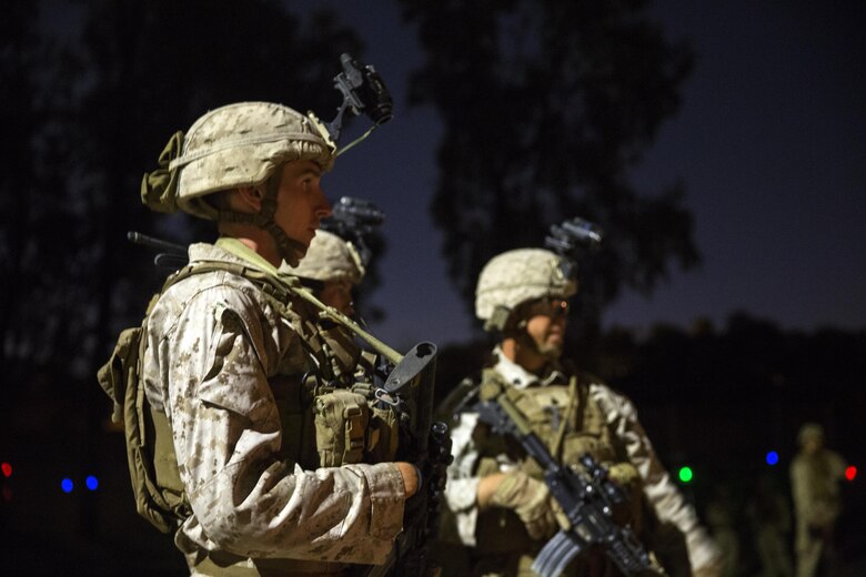 Marines with 2nd Battalion, 3rd Marine Regiment, based out of Marine Corps Base Hawaii, provide security at Kiwanis Park in Yuma, Ariz., during a Humanitarian Assistance/Disaster Relief (HA/DR) Exercise hosted by Marine Aviation Weapons and Tactics Squadron One during the Weapons and Tactics Instructor Course 1-17, Friday, October 14, 2016. 