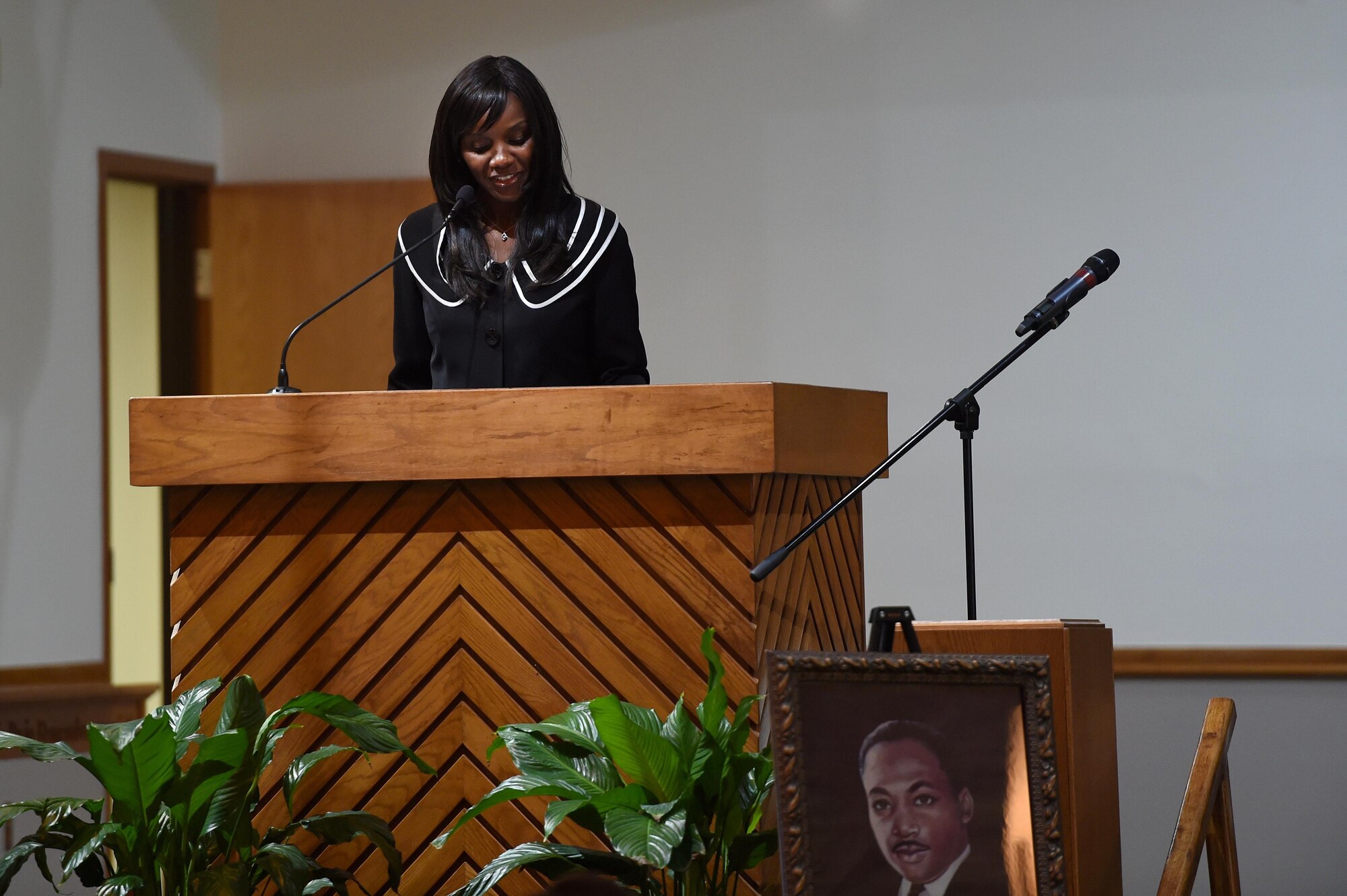 Chaplain (Maj.) Michelle Law-Gordon, staff chaplain with Air Force Reserve Command, speaks during the Martin Luther King Jr. Commemorative Service at the Hurlburt Field Chapel, Jan. 12, 2017. Law-Gordon referred to Martin Luther King Jr. Day as a day on, not a day off. Martin Luther King Jr. Day is celebrated the third Monday of January to commemorate his birthday, and was first observed as a federal holiday in 1986. (U.S. Air Force photo by Senior Airman Jeff Parkinson)