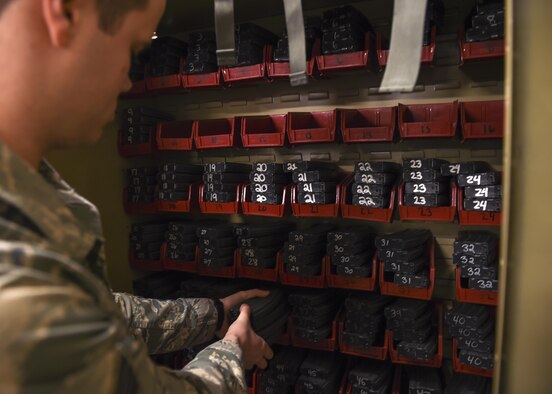 U.S. Air Force Staff Sgt. Ryan Quade, 19th Security Forces Squadron NCO in charge of the armory, grabs M4 assault rifle magazines to arm up Defenders Jan. 17, 2017, at Little Rock Air Force Base, Ark. Each day, Quade’s team conducts inventory of all weapons, radios and associated equipment in the armory prior to issuing any weapons or equipment. (U.S. Air Force photo/Senior Airman Harry Brexel)