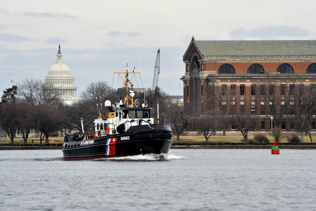 Crewmembers aboard the Coast Guard Cutter Chock enforce a security zone in the waters surrounding Washington, D.C., Jan. 19, 2017, before the 58th Presidential Inauguration. Coast Guard photo by Petty Officer 2nd Class Matthew S. Masaschi