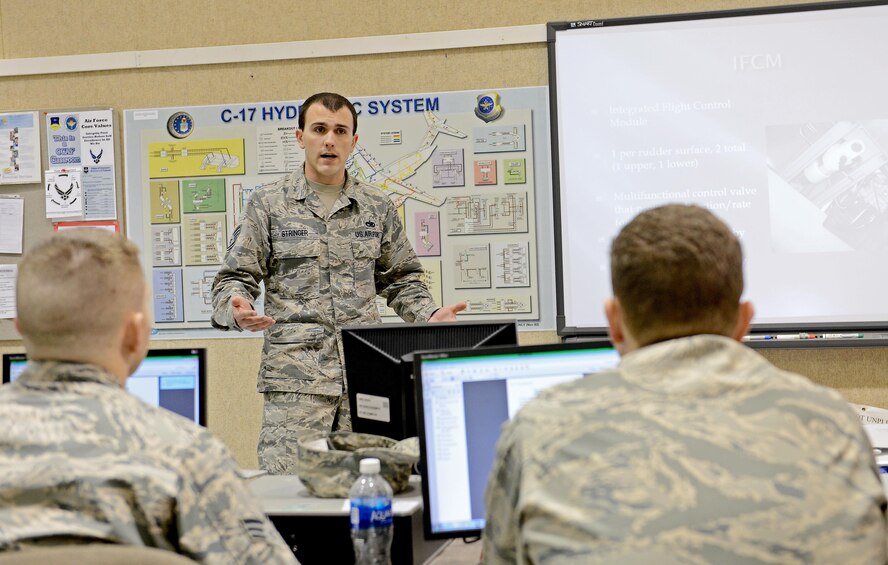 Staff Sgt. Kyle Stringer (middle), 373rd Training Squadron field training detachment instructor, teaches a class to students in the 373rd field training detachment building Jan. 19, 2017 at Joint Base Lewis McChord, Wash. More than 600 students, to include internationals, graduate from their courses each year. (U.S. Air Force photo/Senior Airman Divine Cox)