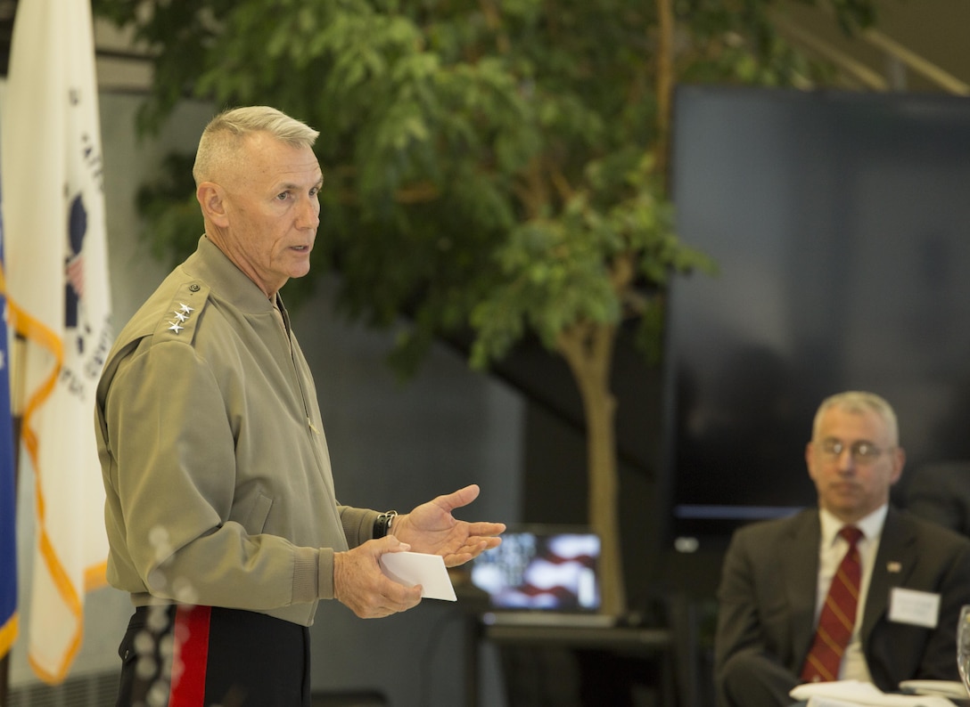 Lt. Gen. Rex C. McMillian, commander of Marine Forces Reserve and Marine Forces North, addresses an audience of executives at a breakfast meeting at Lockheed Martin Event Center in Littleton, Colo., Jan. 17, 2017. McMillian discussed the hopes and goals for the Marine Corps and the Marine Corps Reserve over the upcoming years. (U.S. Marine Corps photo by Lance Cpl. Dallas Johnson/Released)