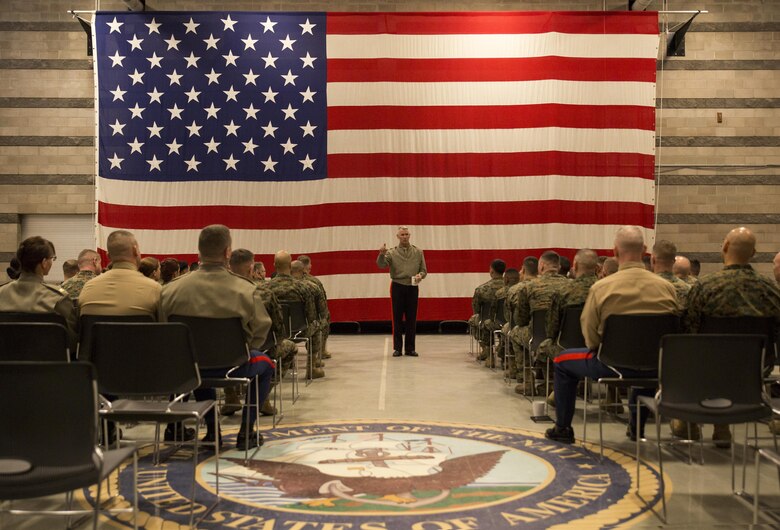 Lt. Gen. Rex C. McMillian, commander of Marine Forces Reserve and Marine Forces North, talks to Marines from Combat Logistics Battalion 453, Combat Logistics Group 4, 4th Marine Logistics Group, about the current state of the Marine Corps Reserve at Buckley Air Force Base in Aurora, Colo., Jan. 17, 2017. McMillian answered questions from Reserve Marines and Sailors about what they can do to better themselves in the military. (U.S. Marine Corps photo by Lance Cpl. Dallas Johnson/Released)